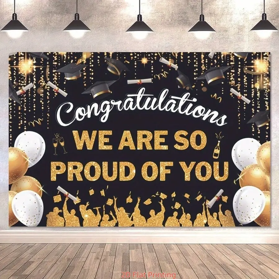 2DFlat1pc Black & Gold Graduation, Graduation Banner, With Grad Cap, Balloon & Ribbon Elements, Ideal for Graduation Ceremony, Grad Party, Also as Photo Background, Wall Hanging Backdrop or Wall Hanging Decor, Multi-Size Available