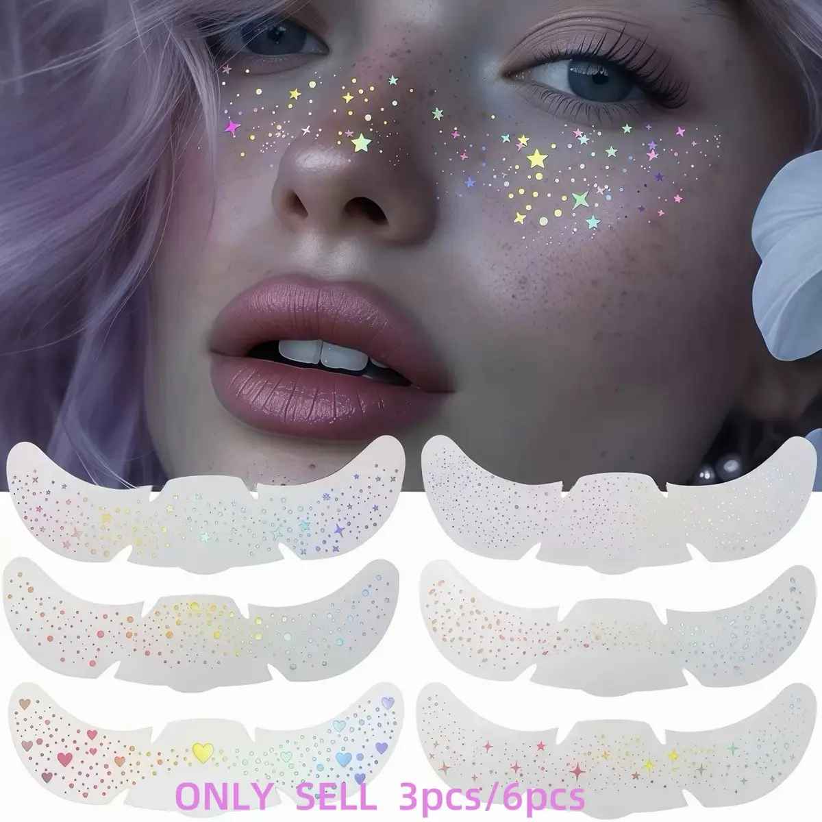 3-6 Pcs Laser Flash Freckle Tattoo Stickers, Fake Tattoos, Waterproof Temporary Face Tattoos, Star Heart Dot Patterns, Party Festival Daily Makeup Accessories