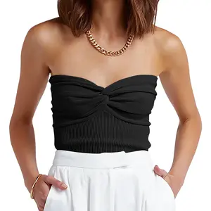 ANRABESS Women Strapless Crop Tube Top Sexy Ribbed Knit Twisted Knot Front Bandeau Sleeveless Y2K Corset Tanks Tops  Outdoor Corset top