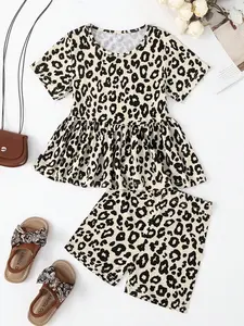 Youthful Summer Fashion Leopard Print Full-Print Cute Casual Waist-Cinching Short Sleeve Shorts Set, Perfect for Daily Wear & Playdates