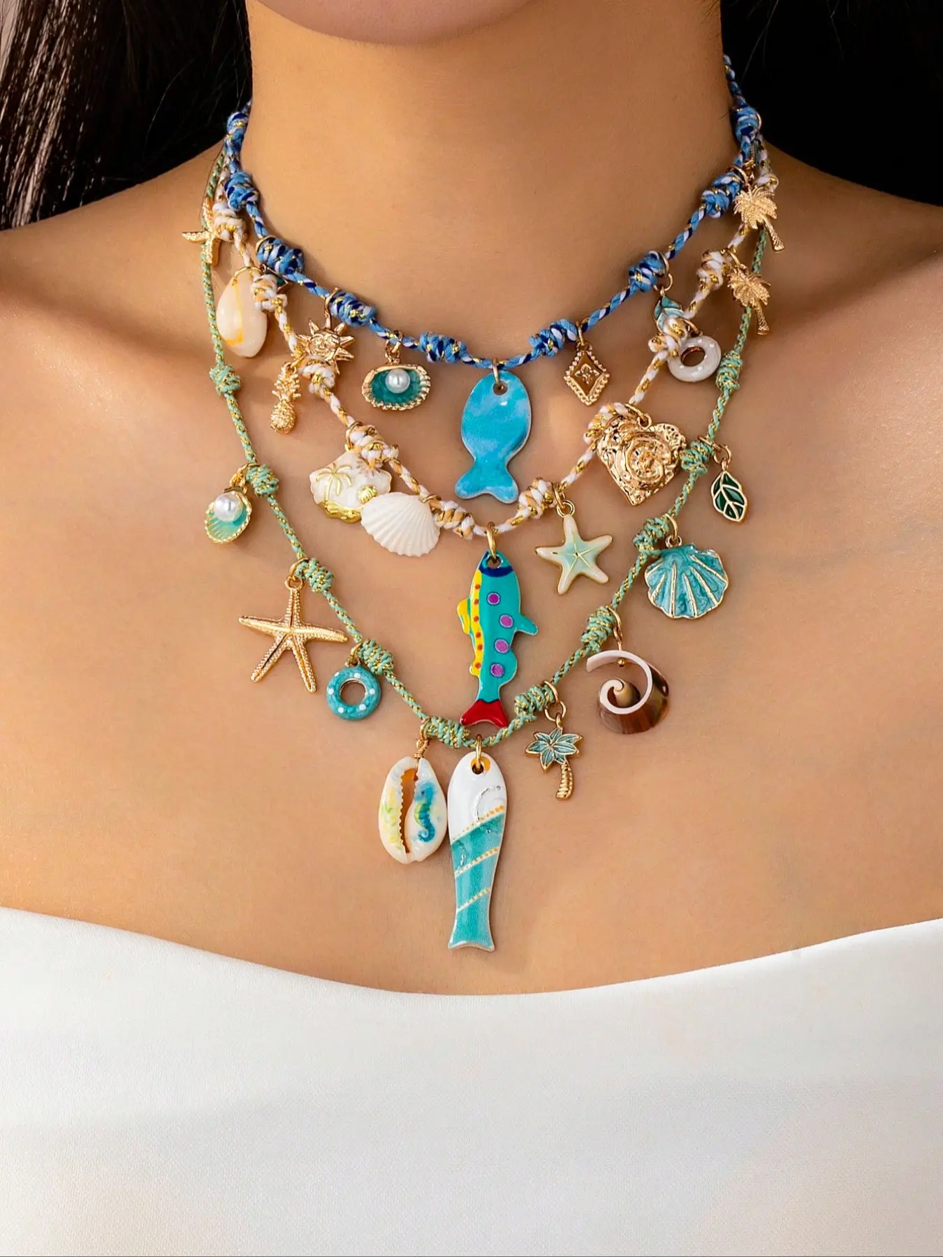 3 PC Summer Bohemian Beach Necklace for Women, Ocean Theme Charm Necklaces Set, Boho Style Jewelry, Colorful Rope Cord Multilayer Necklace with Seastar Pendant, Layering Necklaces