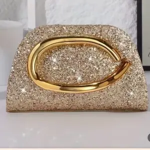Elegant Golden Sequin Clutch Bag with Sparkling Design and Gold Hardware for Special Occasions