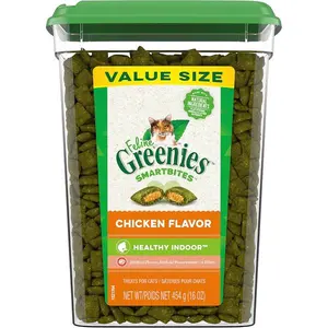 Feline Smartbites Indoor Cat Treats Chicken Flavor for Healthy Weight Hairball Control and Digestion Support 16 oz Tub