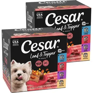 Cesar Loaf in Sauce Wet Dog Food Rotisserie Chicken, Filet Mignon, Angus Beef, and Ham & Egg Flavors Variety Pack, 3.5 oz. Easy Peel Trays (24 Count, Pack of 1)