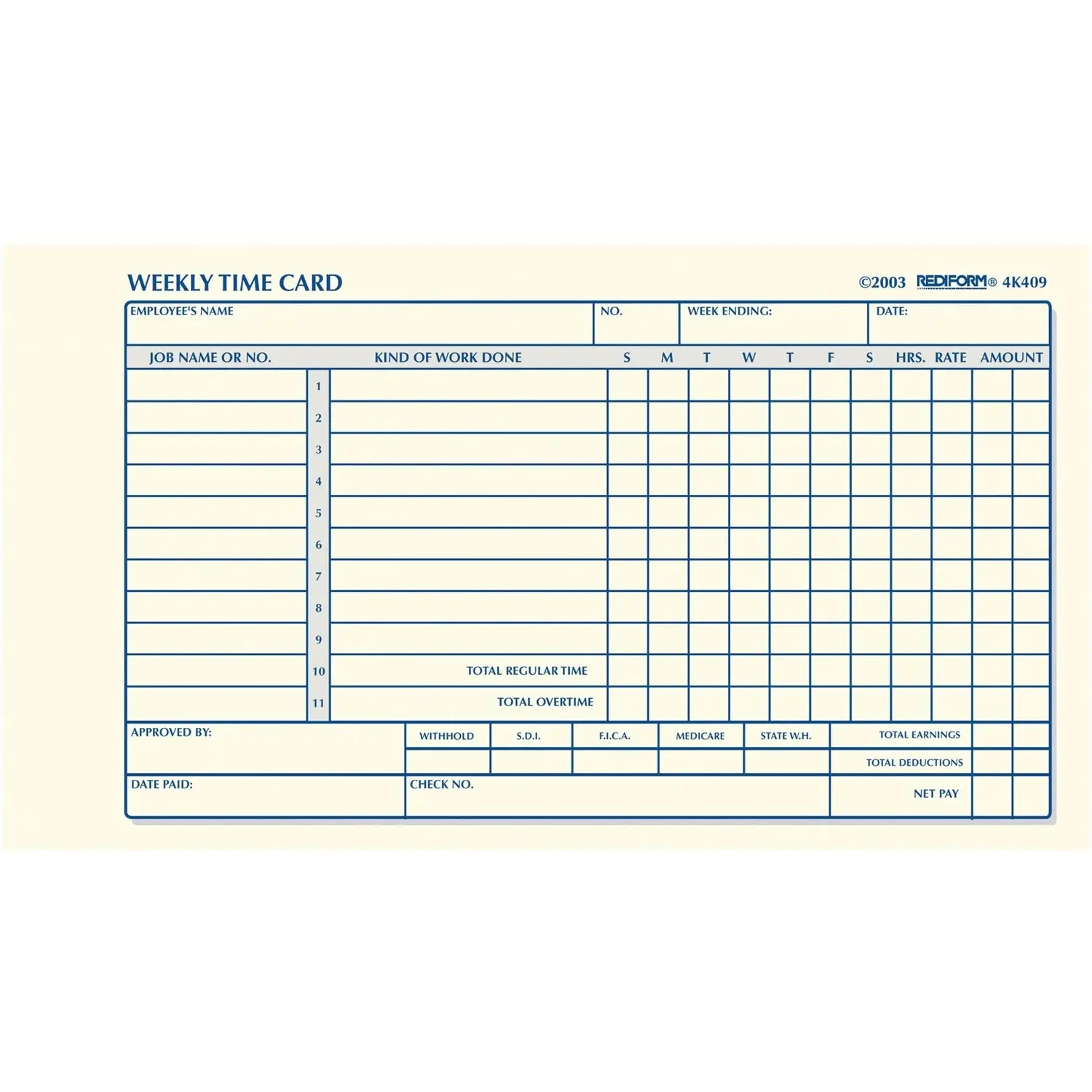 Dominion Blueline Rediform Weekly Time Cards, White, 7" Width x 4.25" Length, 1 Pad, RED4K409