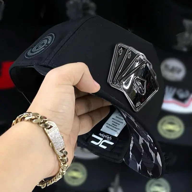 All Black Snapback Hat Four Aces Card Design Flat Bill Baseball Cap Urban Fashion Headwear