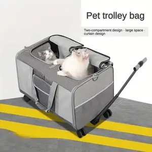Double Compartment Pet Carrier With Detachable Wheels For Cat_dog, 2 Layer Pet Trolley Bag, Large Capacity Puppy Travel Bag