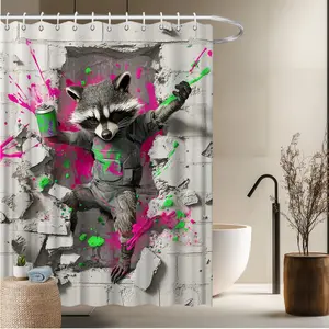 1pcs Animal Theme Bath Curtain-2D Flat Raccoon Brick Wall Hole Graffiti Style Print Bath Curtain Fun Home Curtain Bathroom Decor Bathtub Decor 70.8x70.8 inches