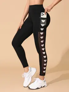 Women's Heart Embroidered Mesh Yoga Pants, High Waisted Fitted Sportswear, Breathable Sweat-Wicking Long Trousers for Spring & Fall, Fitness Pants, Athleisure Fitness Leggings