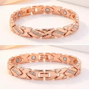 permanent Bracelets for Women, Women's Leaf Magnetic Bracelet with 3500 Gauss Effective Magnets, Pure Copper with Diamonds & Crystal, Rose Gold & Silver Stylish Fashion Wrist Jewelry, Perfect for Outdoor Fun & Mother's Day Gift Gift for mom