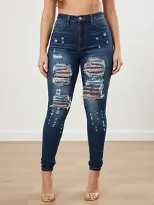 Plus Size Women's Denim Jeans, Washed Elastic Ripped High Waist Slim Fit Long Pants, Casual Button Fly Design, Christmas Pattern, All Seasons, Womenswear
