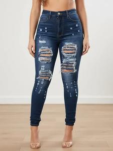 【plus size】 pocket button ripped jeans, washed denim faded jeans for women, casual streetwear, high rise tight pants for daily wear, women's high waist bottoms for all seasons, fall clothing women, casual slim fitting, ripped hole jeans