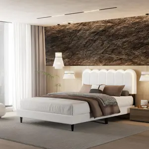 [Bellemave]Full /Queen Lambswool Petal Headboard Bed Frame Cream Style Bedroom Soft Bed with Atmosphere Light, Queen