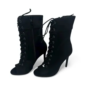 Black Lace-Up Peep Toe Booties Girl Women Walking Shoes Bota Footwear