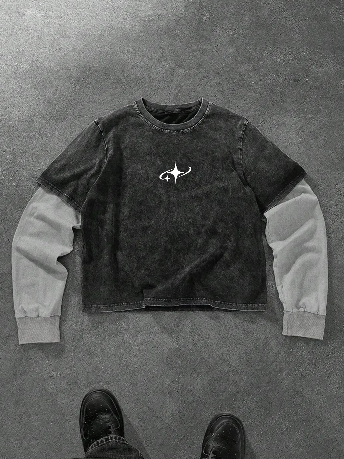 Men's Spring Fall Winter Street Style Distressed Long Sleeve Top, Galaxy Graphic Print Round Neck Fitted Pullover Sweatshirt, Cotton Fabric, Casual Fit