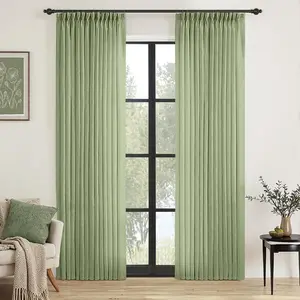 Pinch Pleated Sage Green Linen Curtains 96 Inches Long 2 Panels for Bedroom Living Room, Soft Thick Linen Textured Window Drapes  Tab Hooks Semi Sheer Light Filtering Light Green Decor
