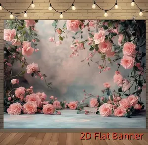 1pc Soft Pink Roses Floral Backdrop Cloth - Elegant Polyester Design with Vibrant Pink Roses & Green Foliage, Perfect for Weddings, Photography, and Spring-Themed Events, Event Decoration | Soft