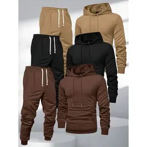 3pcs Men'S Hooded Sweatshirt and Joggers Set, Polyester Sports Tracksuit, Solid Color, Long Sleeve, Slight Stretch Knit Fabric, Workout Gym Clothing Athletic Wear