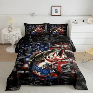 Fish Comforter Set Kids American Flag Comforter Fishing and Hunting Bedding Set Ocean Nature Marine Animal Red Blue Duvet Set Room Decor Quilt Set