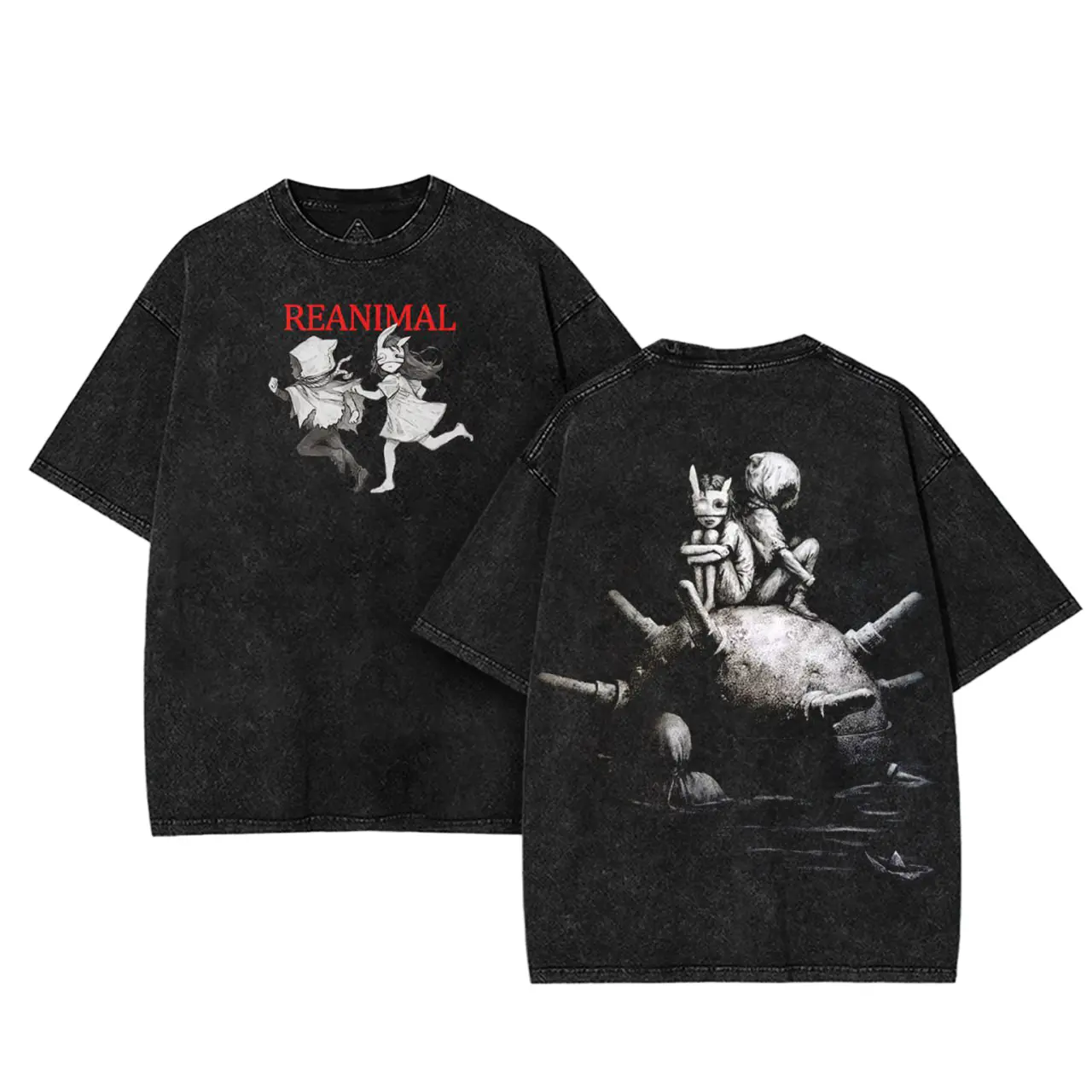 Reanimal - The Girl & The Boy Indie Game Washed Tshirt 2 Sided Cotton Unisex Graphic Tee for Men Women Casual Streetwear Black Tee shirt gaming