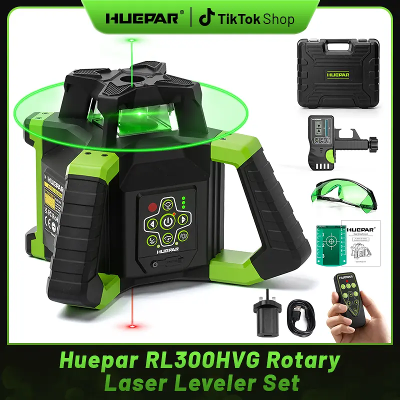 Huepar RL300HVG Green Rechargeable Self-Levelling Rotary Laser Leveler Tool Set - Portable Outdoor Laser Level, Precise Line Finder, Plumb Points, Receiver, Remote Control