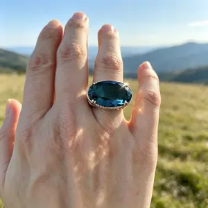 Silver Plated Copper Vintage Hollow Scroll Filigree Wide Band Ring, Four Prong Large Oval London Blue Synthetic CZ With Pave Tiny White CZ Border, Unisex Statement Cocktail Stackable Jewelry For Men Women