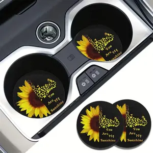 2pcs Polyester Sunflower&Butterfly Pattern Car Cup Coasters,Durable Auto Interior Accessories for SUV, Truck Vibrant Sunflower Design,fashion Decorative Drink Mats, Vehicle Drink Coaster Rubber Coaster flower car coaster automotive decor