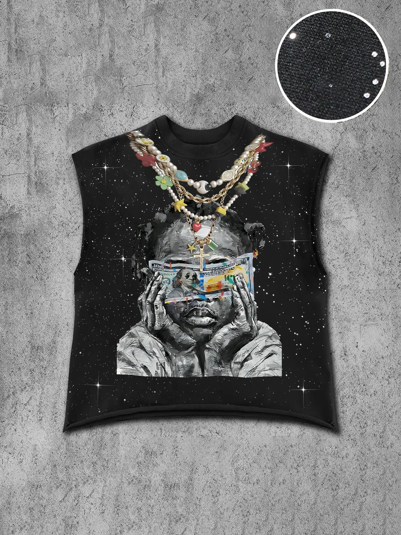 Men's Casual Vest, Graphic Tank Top, Bottom Starry Sequins, Graffiti Print + Colorful Beads Necklace, Fast Cooling Silver Fabric, Street Style