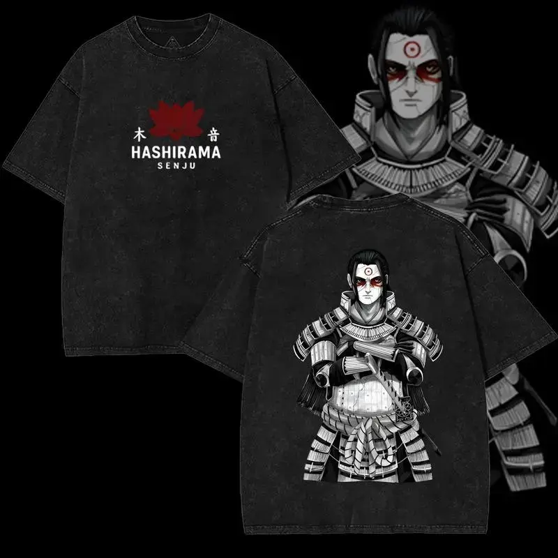 Menswear Vintage Streetwear Unisex Oversized Naruto Short-Sleeve Washed Cotton Baggy Round Neck Top with Distressed Hashirama Senju Graphic