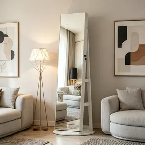 360Swivel Jewelry Cabinet Armoire with Full Length Mirror,Lockable Standing Vanity Organizer w/Lighted Interior, 30Hooks for Necklace Ring Earring. Space Saving ChifferobeBedroom Furniture (White/Black/Light Walnut)