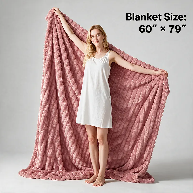 Jeffans Pink 3D Striped Textured Flannel Fabric Throw Blanket, Ultra Soft Lightweight Cozy Bedding Throw, Sofa Nap Blanket for Bed Couch Chair, Ideal Indoor Relaxing Gift for Women Family Friends
