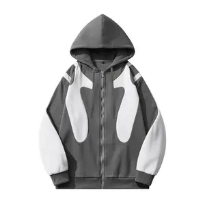 Men's Gray & White Color-Block Zip-Up Hoodie Modern Streetwear Style with Hood and Zipper Medium Fit
