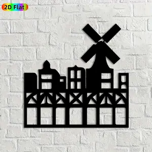 1pc Windmill Cityscape Metal Wall Art,Charming Windmill Cityscape Statue Mural,Ideal Gift for New Year,Christmas,Cityscape Decor Enthusiasts,Perfect for Outdoor Fence & Indoor Wall,Urban Style Enthusiasts
