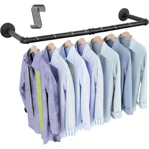 Industrial Pipe Clothing Rack 38.4", Heavy Duty Detachable Wall Mounted Clothes Rack Black Iron Garment Bar, Multi-purpose Hanging Rod for Closet Storage, Black (Two Base)