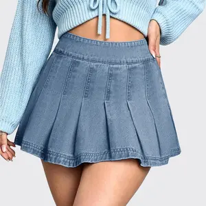 FireSwan Women's Fashionable Best-Selling Denim Skirt High-Waisted Fitted Pleated Mini Skirt