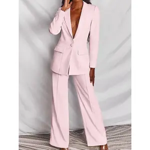 Women's Tailored Pink Blazer Suit Set - Soft Stretch Office Workwear with V-Neck & Straight Pants Womenswear Long Sleeve Chic Elegant