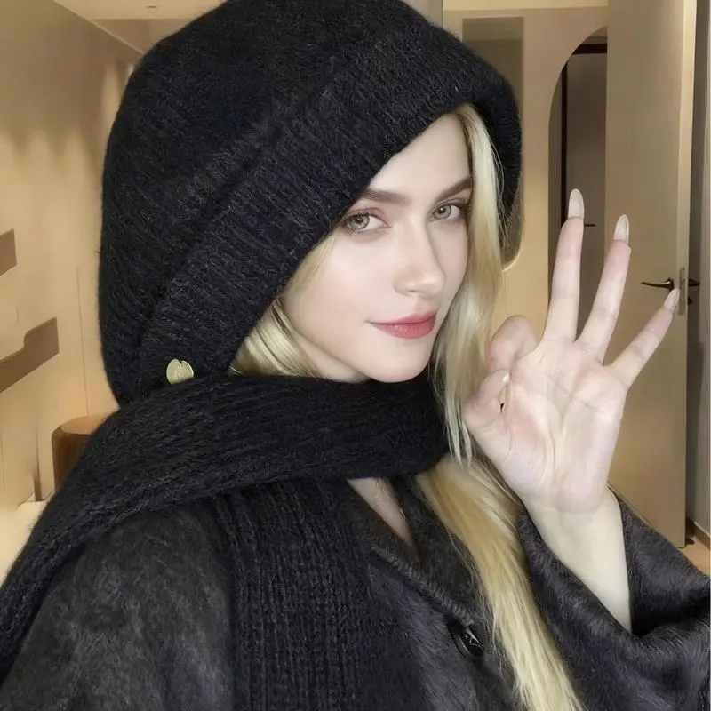 Women Knitted Hooded Scarf Balaclava 2-in-1 Winter Warm Hat  display picture 2