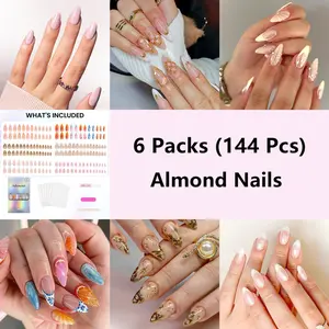 6 Packs (144 Pcs) | Reusable Press on Nails | Stick on Nails 12 Sizes-6 Styles | Almond Nails