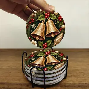 6-piece ceramic coaster set, featuring a Christmas theme with ornate golden bell details. Heat-resistant, non-slip coasters with holders, perfect for home, dining, and as beverage mats.