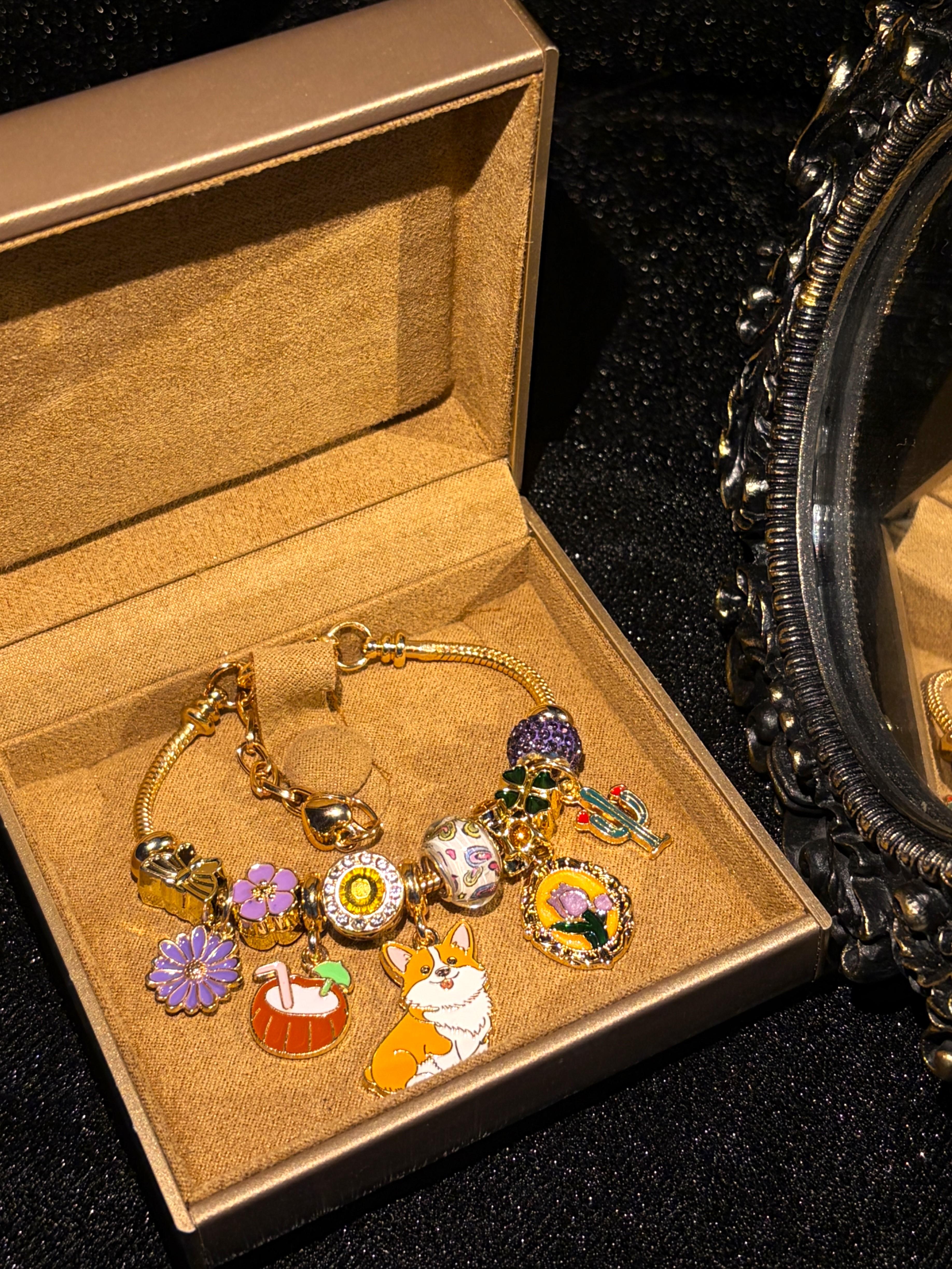 Cute Corgi Dog Charm Bracelet - Multi-Charm Coconut, Flower, Cactus, Car Photo Frame Beaded Bracelet, Stackable Fashion Jewelry Gift for Women
