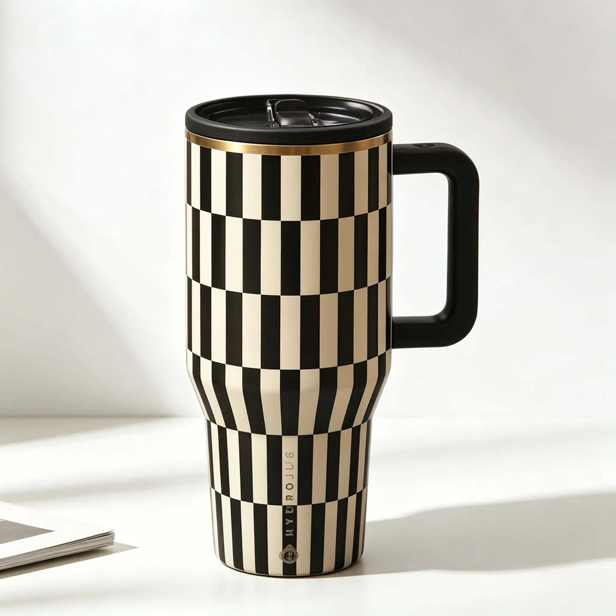 HydroJug 40oz Black Gold Vertical Striped Checkered Handle Vacuum Insulated Tumbler - Luxury Art Style, Large Capacity Leak-Proof Portable Flask, Vacuum Insulated Drinkware for Car, Office Use, Drink Container