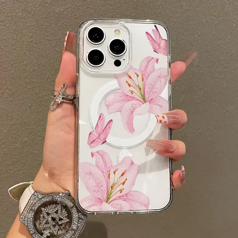 Magnetic Soft TPU Protective Cellphone Case for iPhone 11/12/13/14/15/16 Pro Max, MagSafe-Compatible Butterfly Pink Flower Collage, Long-Lasting Springtok Aesthetic Lightweight Anti-Scratch Accessory with Scratch-Resistance & Screen Protector