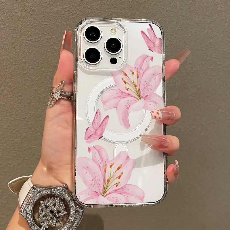 Magnetic Soft TPU Protective Cellphone Case for iPhone 11/12/13/14/15/16 Pro Max, MagSafe-Compatible Butterfly Pink Flower Collage, Long-Lasting Springtok Aesthetic Lightweight Anti-Scratch Accessory with Scratch-Resistance & Screen Protector