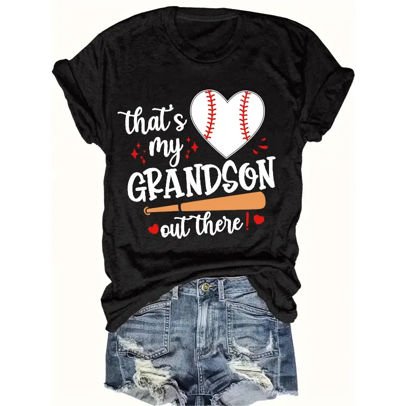 [100% Cotton] Women'S Baseball Graphic T-Shirt - Funny "That'S My Grandson Out There" Saying - Soft Crew Neck Tee - Baseball Mom Grandma Gift - Casual Short Sleeve Top For Spring/Summer/Fall - Machine Washable - Perfect Golf Gift T-Shirt For Men And Women