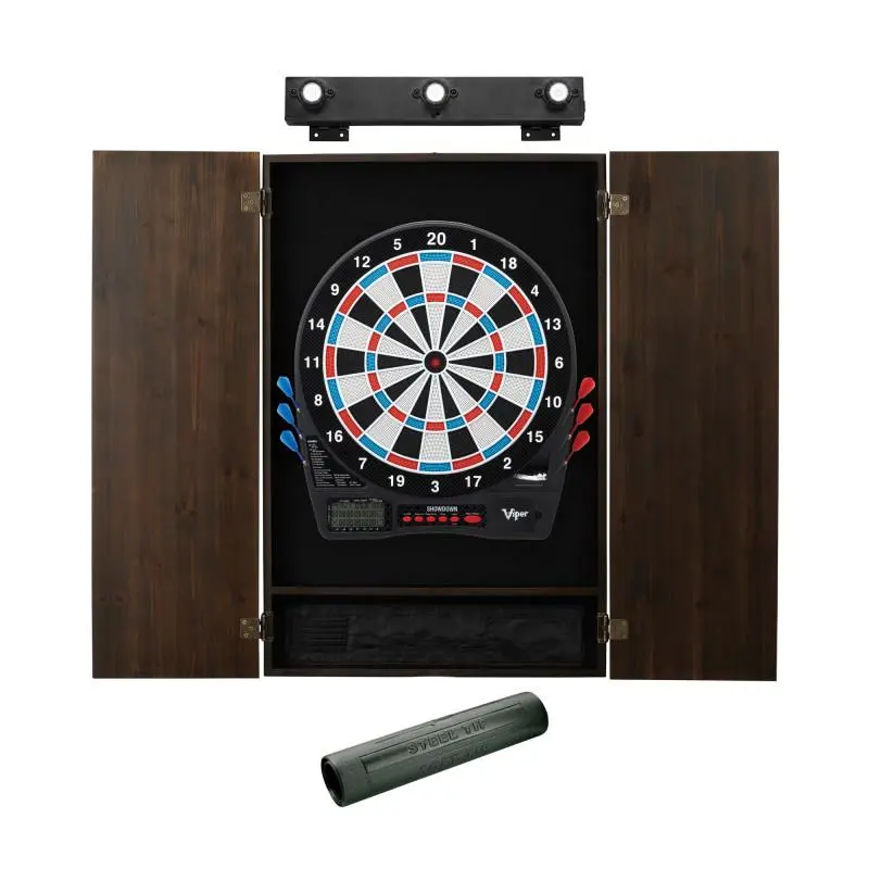 Viper Showdown Electronic Dartboard, Metropolitan Espresso Cabinet, Dart Mat & Shadow Buster Dartboard Light Bundle