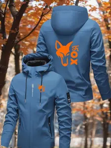 Men's Printed Fox Hooded Hiking Jacket, Lightweight Durable 100% Polyester, Zipper Outdoor Sports Coat, Embroidered Logo, Casual Spring & Fall Wear
