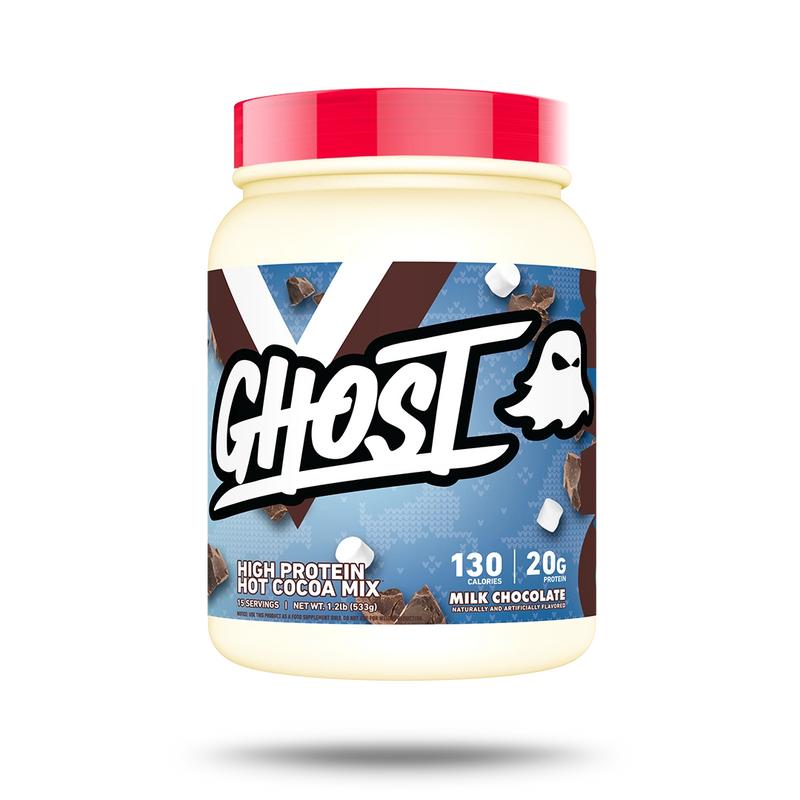 GHOST High Protein Hot Cocoa Holiday Edition 20g Protein Serving White Chocolate Peppermint Bark & Milk Chocolate Tubs Single Serve Packets