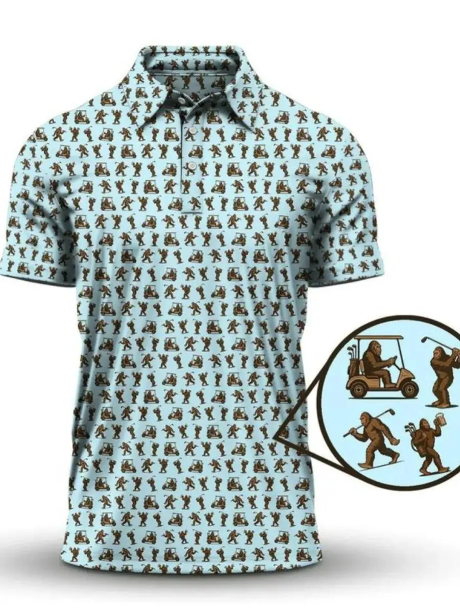 Bigfoot Funny Golf Polo Shirt Short Sleeve Outdoors Fishing Menswear Print Lightweight
