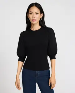 Express Mixed Media Crew Neck Short Puff Sleeve Tee