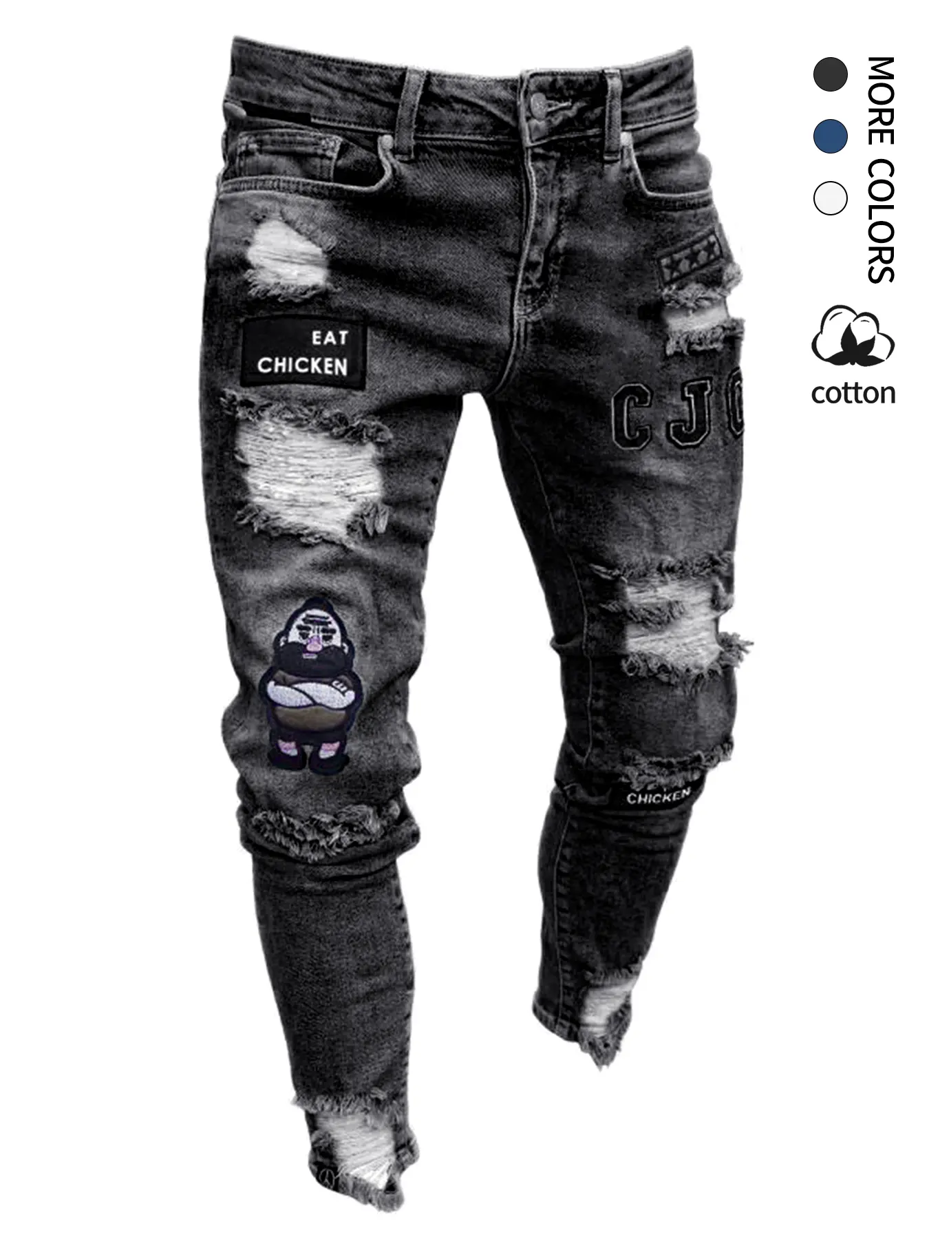 Men’s slim-fit ripped jeans, patch denim, casual fashion jeans, embroidered casual pants, stretchy ripped jeans with embroidery, casual and stylish, comfortable for all seasons, medium stretch fabric Streetwear Classic